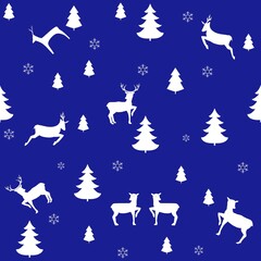 Colorful deer on blue chaotic seamless pattern