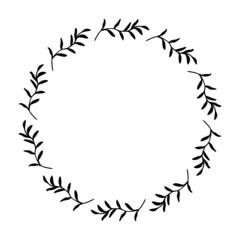 Hand drawn vector round frame. Floral wreath with leaves, berries, branches Decorative elements for design. Ink, vintage and rustic styles.