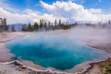 Colorful landscapes of geothermal activity. Black Pool. West Thumb Geyser Basin, Yellowstone National Park, Wyoming