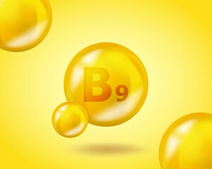 3D Vitamin drop B9 Folic acid pill capsule. Realistic B9 Folic acid Vitamin complex design illustration. Yellow drug nutrition design.