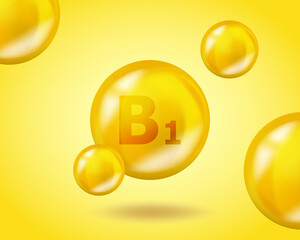 3D Vitamin drop B1 Thiamine pill capsule. Realistic B1 Thiamine Vitamin complex design illustration. Yellow drug nutrition design.