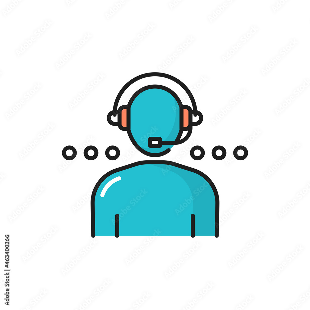 Poster Customer service user in headphone color line icon isolated. Vector online consultant support help, consulting management, speaker in headset. Call center worker, person on internet conference