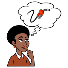 Woman thinking about a Gas Pump - A cartoon illustration of a Woman thinking about the price of
Gasoline.