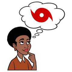 Woman thinking about Hurricane Preparations - A cartoon illustration of a Woman thinking about Hurricane Preparations.