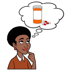 Woman thinking about Prescription Medicine - A cartoon illustration of a Woman thinking about Prescriptions and Drugs.
