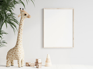 kids room interior frame mockup with giraffe and palm, jungle style, frame mockup in nursery