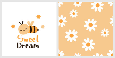 Fototapeta na wymiar Set of daisy flower seamless pattern on orange background. Sleeping bee cartoon and hand written font on white background vector.