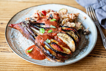 Egg plant baked in tomato sauce