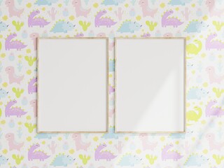 gallery mockup, poster mockup, wooden frames in kids room, 3d render