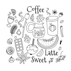 Set of line art cold weather vector clip art with cozy lettering, pumpkin latte, sweets, leaves and snowflakes in flat doodle style