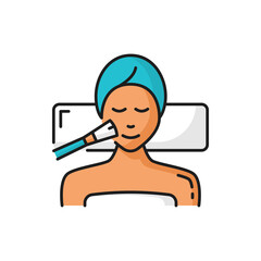 Plakat Woman at cosmetologist, spa, beauty face skin care isolated color line icon. Vector applying facial cream to customer in beauty parlor, dermatology therapy. Beauty sexy woman, cosmetics and skin care