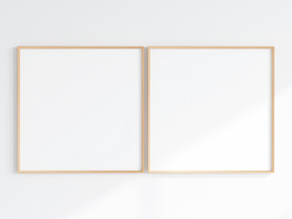 poster frame mockup, two square wooden frames on the wall, 3d render