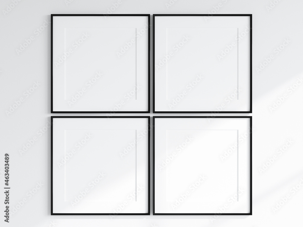 Wall mural four black square frames on the white wall, gallery frame mockup