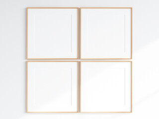 four wooden square frames on the white wall, gallery frame mockup