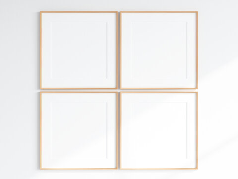 Four Wooden Square Frames On The White Wall, Gallery Frame Mockup