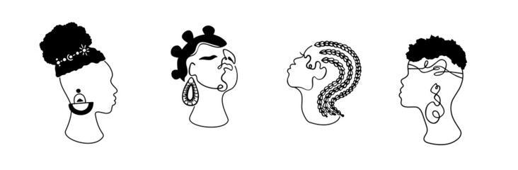 African american woman hand drawn set. Turban tribal  decoration.Accessories element.Isolated on white. Africa art.Portrait  girl hairstyle. Black sillhouette ethnic decor.Tribal beauty. Braid