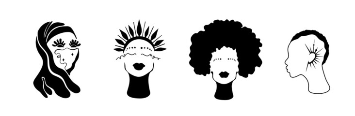 African american woman hand drawn set. Turban tribal  decoration.Accessories element.Isolated on white. Africa art.Portrait  girl hairstyle. Black sillhouette ethnic decor.Tribal beauty