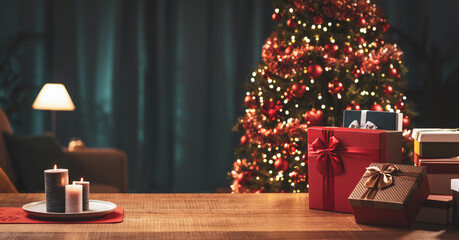 Christmas tree and gifts in the living room - obrazy, fototapety, plakaty