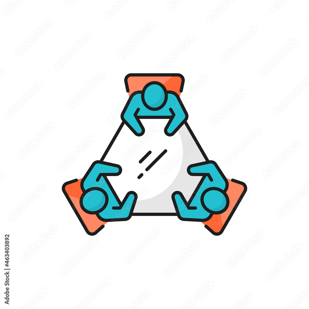 Poster meeting chat conference, discussion brainstorm at table isolated color line icon. vector group of re