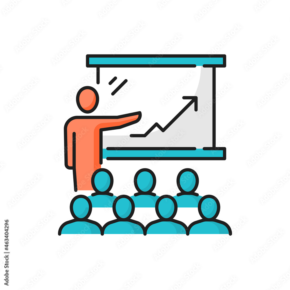 Aufkleber Presenter leader, workers managers brainstorming isolated presentation and discussion line icon. Vector man speaker pointing on chart board with growing arrow. Seminar or conference, teacher, students