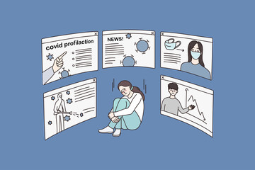 Stressed woman depressed with covid-19 pandemic information, info banners around. Unhappy female tired exhausted with corona virus excessive data in world. Propaganda. Flat vector illustration. 
