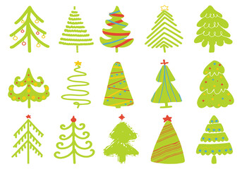 Hand drawn set of Christmas trees. Holidays background.