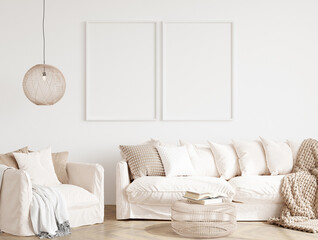 modern living room interior mockup with two white frames on the wall