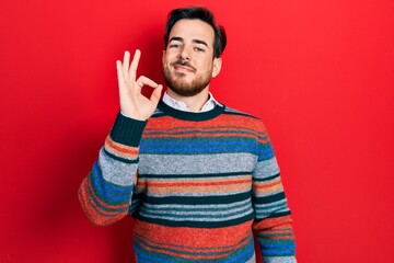 Fototapeta premium Handsome caucasian man with beard wearing elegant wool winter sweater smiling positive doing ok sign with hand and fingers. successful expression.