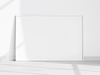 horizontal white frame mockup on the wooden floor