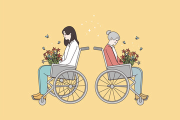 Happy diverse disabled women in wheelchair feel overjoyed flattered with floral bouquet. Smiling females handicapped or traumatized pleasured with spring flowers. Special needs. Vector illustration. 