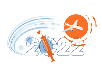 2022 Year logo design. 2022 number design template. Collection of 2022 new year symbols, vaccine against coronavirus, airplane, sun, travel, journey. Vector illustration 