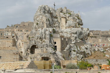 Fototapeta premium Santa Maria di Idris rupestrian church in Matera on a rock over Sasso Caveoso