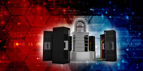 3d illustration Data center server protection lock
