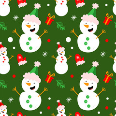 christmas vector seamless pattern for wrapping paper, decor. Cute festive holiday snowman in Christmas boxing day