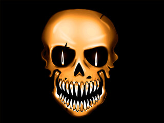 Golden human skull on a black background.