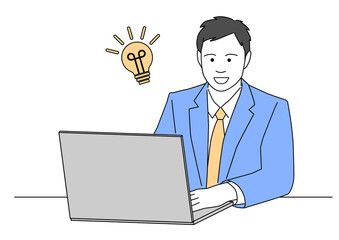 パソコンでアイデアが思いつくビジネスマン-青色