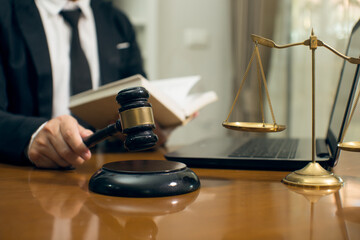 Judge gavel with Justice lawyers having team Concepts of Law and Legal services