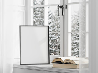 vertical frame mockup with window, winter theme