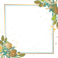 Gold square frame with leaves and flowers in a modern style. White background. Vector illustration.