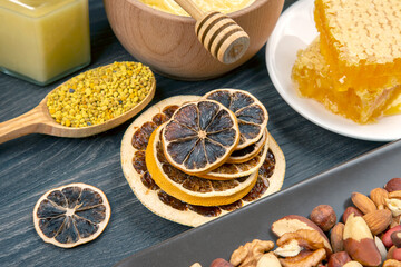 dried citrus fruits and fresh comb honey. vitamin organic food