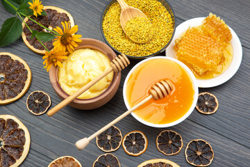 dried citrus fruits and fresh comb honey. vitamin organic food