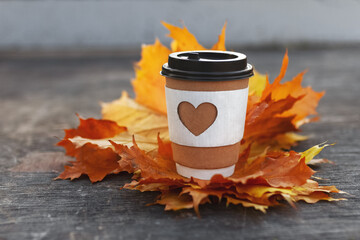 paper cup of natural coffee with carved white heart and yellow autumn maple leaves on gray old...