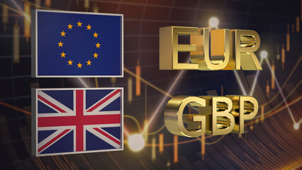 Fototapeta premium Gold plated EUR and GBP symbols along with the flags of EU and Great Britain on the background of the price chart. 3D rendering. Finance concept. Collage