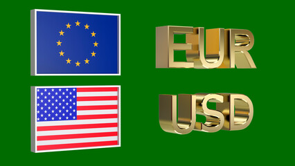 Gold plated EUR and USD symbols along with the flags of EU and USA on a neutral green background. Finance concept. Rendering 3D. Isolated