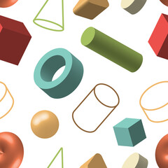 Set of 3D geometric shapes bright color seamless pattern isolated on white background