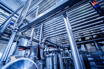 Modern interior of a beverage plant with barrels and pipes