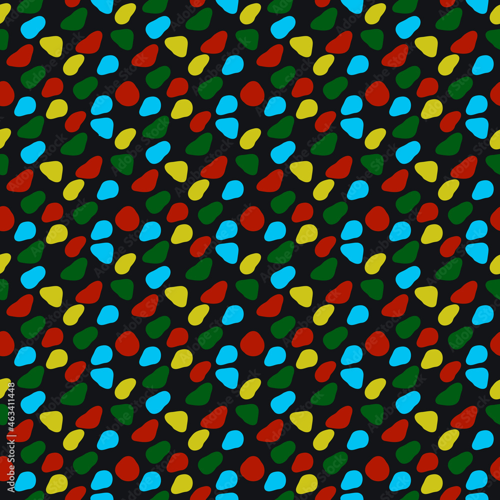 Poster Colored pebbles on a black background. Vector pattern is seamless and simple. Elementary forms of mosaics.
