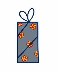 Christmas gift box with ribbon and bow red and beige vector illustration, Merry Christmas and Happy New Year festive traditional winter holiday decor, ornament for poster, greeting card, sticker