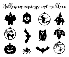Set Halloween earrings jewellery laser cut. Witch earrings, Spider web earrings,Vector templates for cutting.