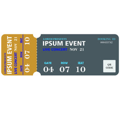 Music, Dance, Live Concert ticket entry vector template. Tickets to enter the event. Modern elegant illustration template of Ticket Card
